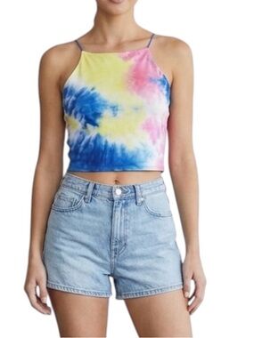 Tie Dye Crop Tank Top Pink Yellow Blue White M Racerback Scotty Festival